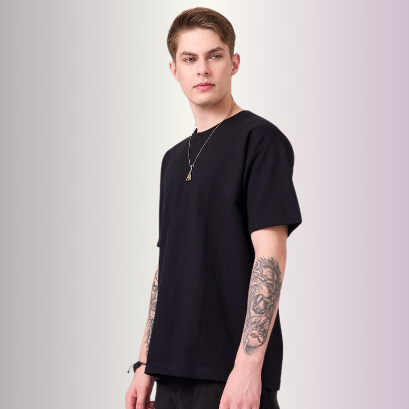 Black color 100% Cotton drop shoulder unisex TShirt basic. Premium heavy fabric drapes very well over your frame & is a great choice for evening wear. 