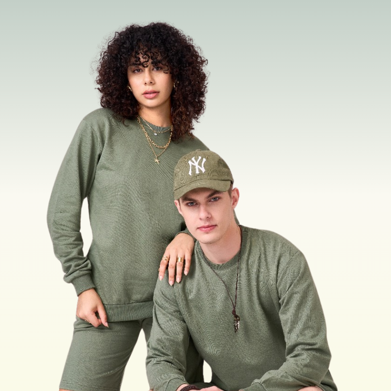 Dark Sage green fleece lined 100% unisex cotton coord set comprising of sweatshirt & half pants