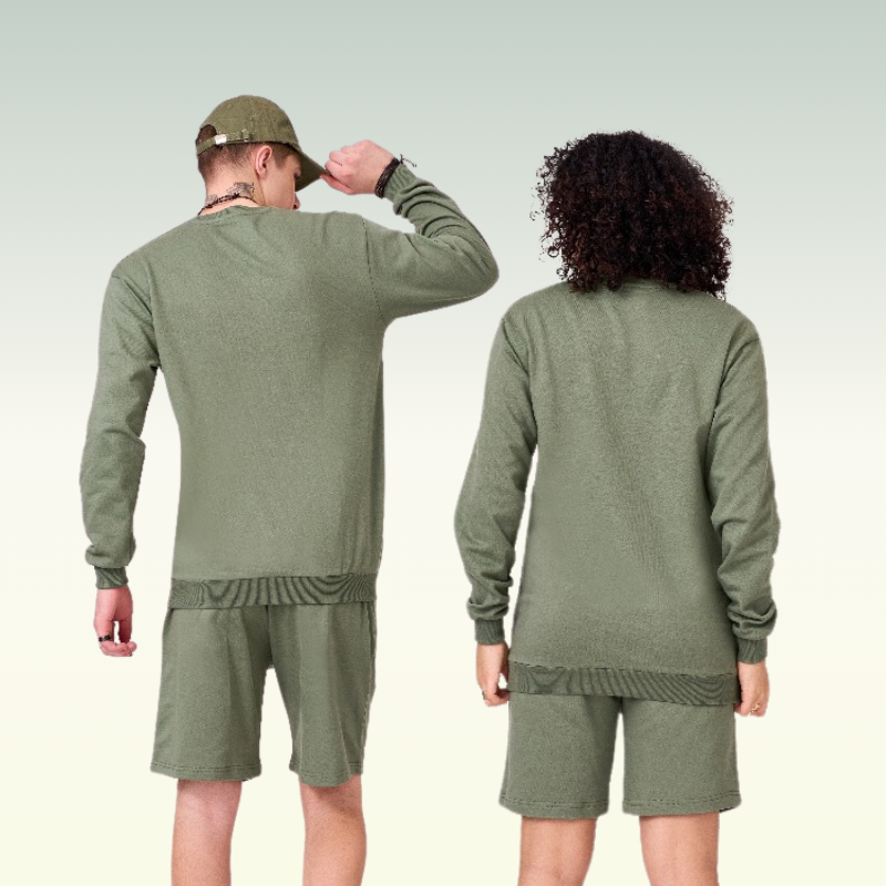 Dark Sage green fleece lined 100% unisex cotton coord set comprising of sweatshirt & half pants