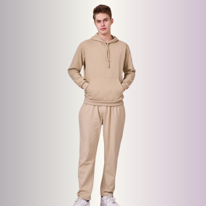 Dune colored fleece lined 100% cotton hoodie set comprising of sweatshirt & full length joggers