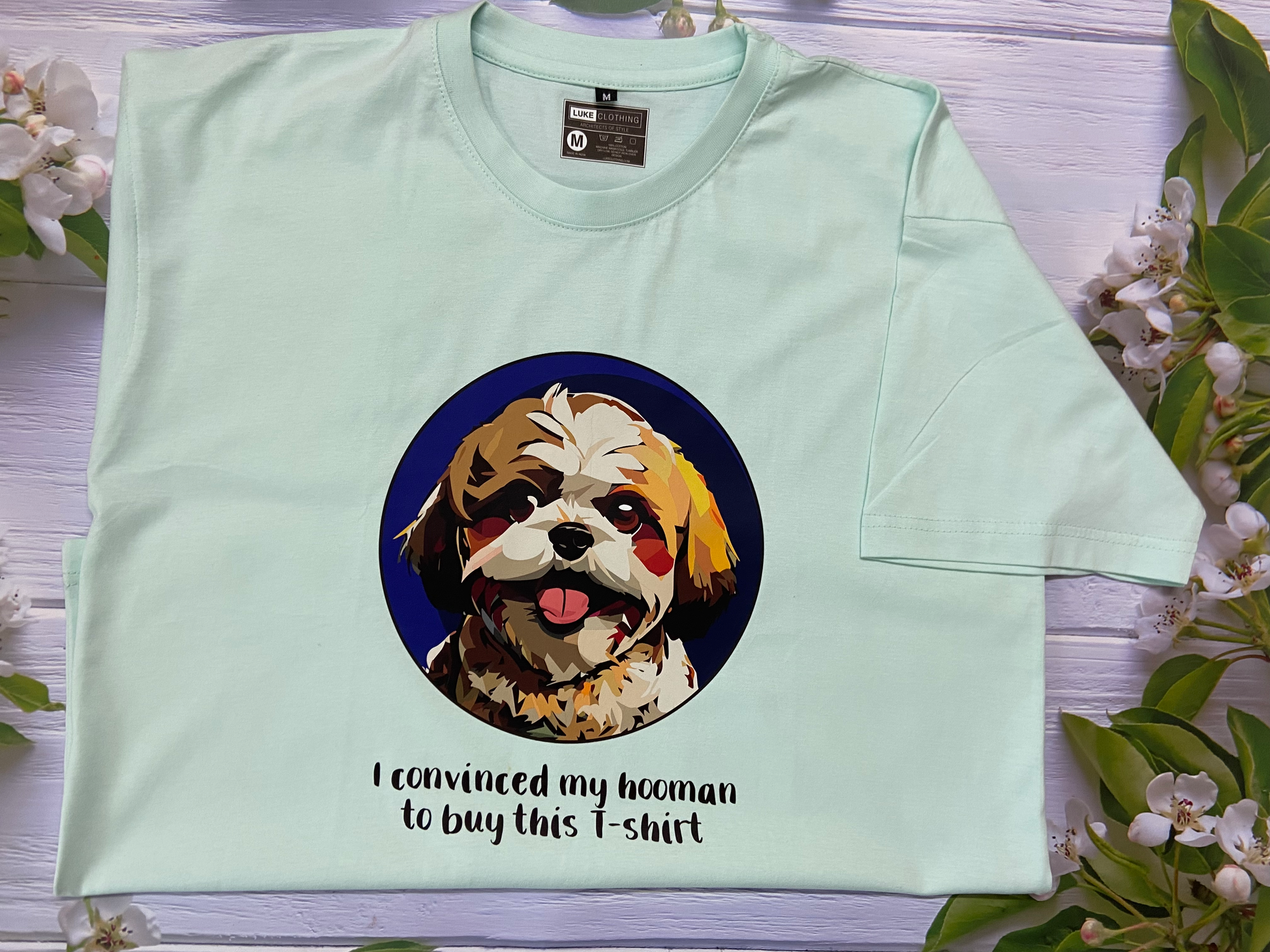 100% cotton TShirt in Aqua color with Shih Tzu dog face graphic in front