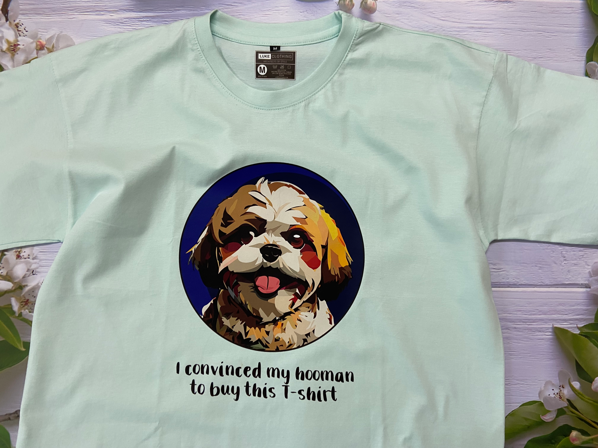 100% cotton TShirt in Aqua color with Shih Tzu dog face graphic in front