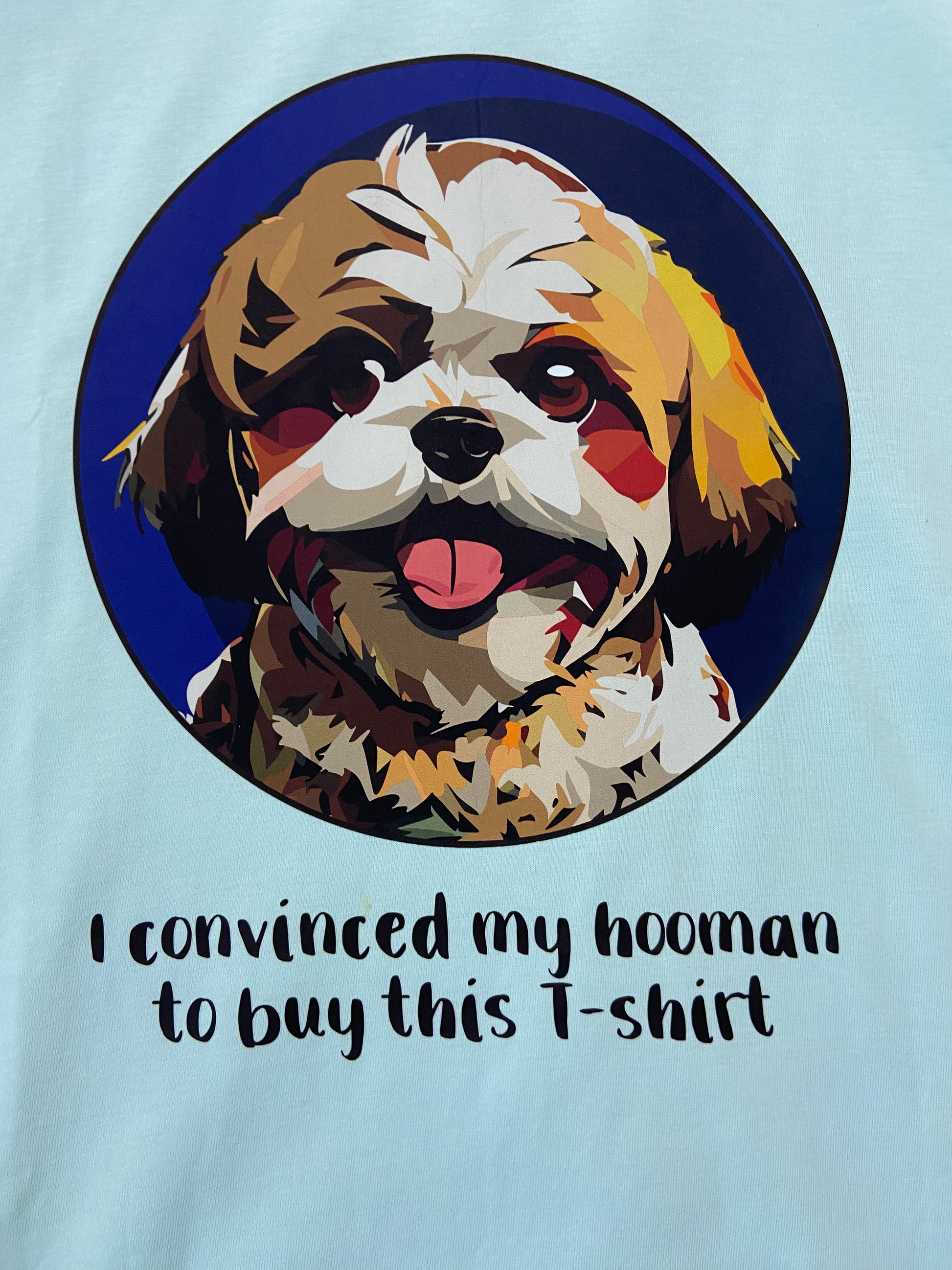 100% cotton TShirt in Aqua color with Shih Tzu dog face graphic in front