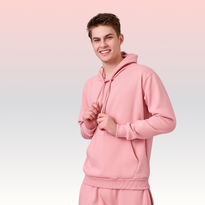 Unisex fleece lined hoodie top with full sleeves & kangaroo pocket in Peach color 