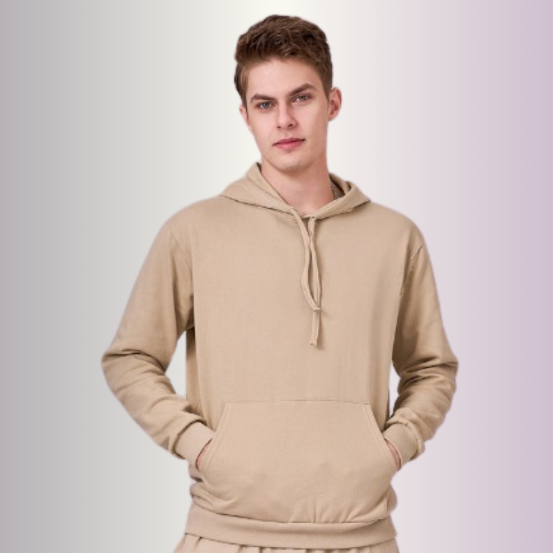 Unisex fleece lined hoodie top with full sleeves & kangaroo pocket in Sand color 