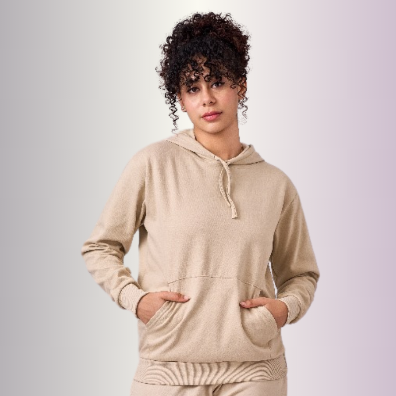 Unisex fleece lined hoodie top with full sleeves & kangaroo pocket in Sand color 