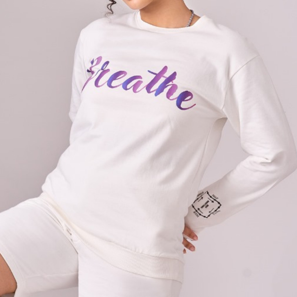 White fleece lined 100% cotton unisex coord set with graphics comprising of full sleeved sweatshirt & half pants