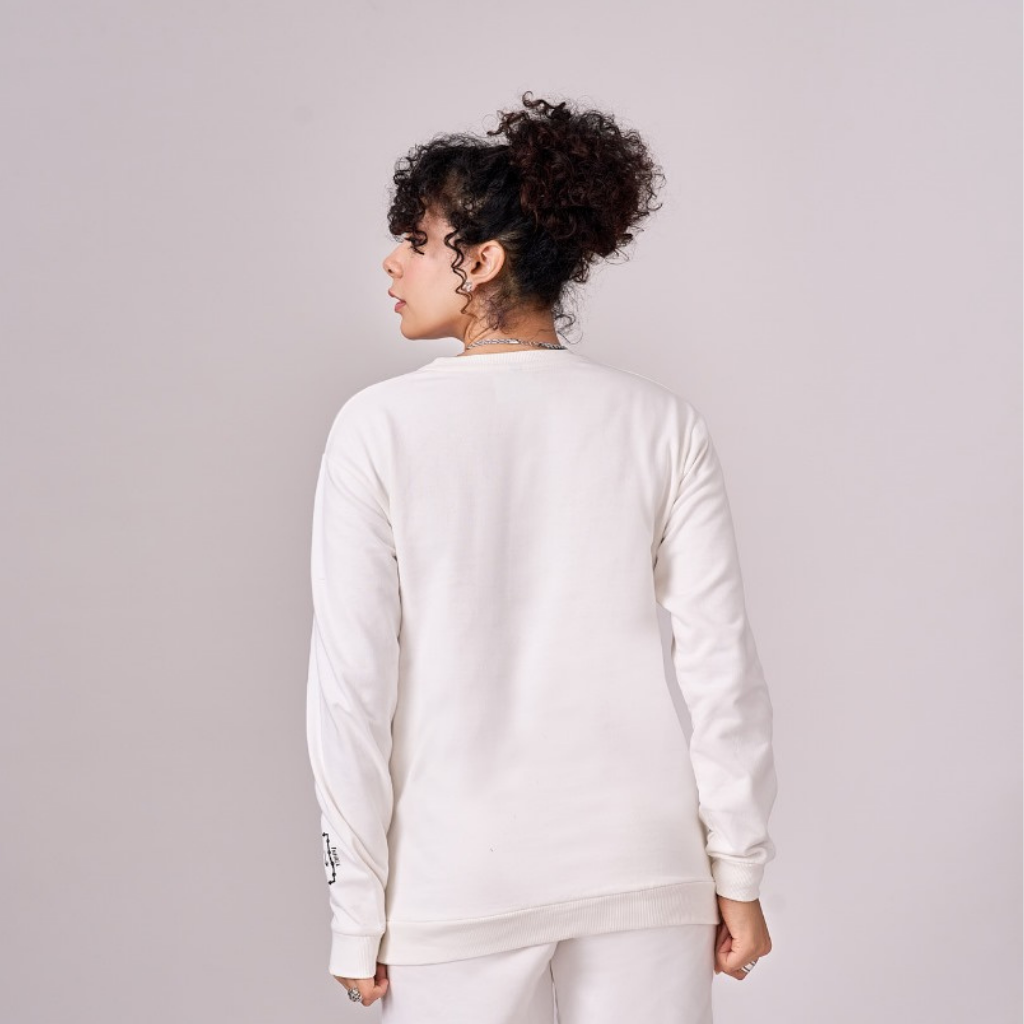 White fleece lined 100% cotton unisex coord set with graphics comprising of full sleeved sweatshirt & half pants