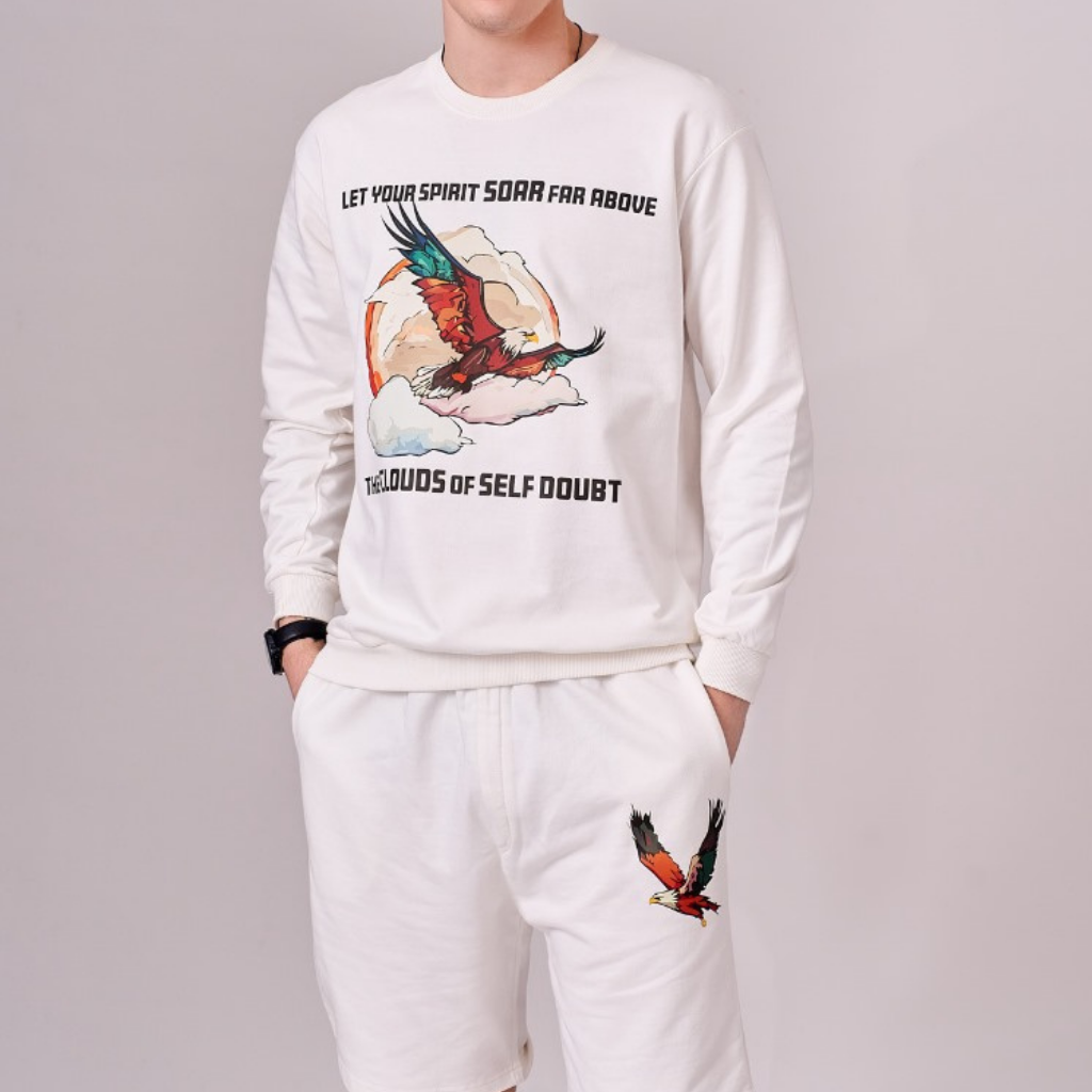 White fleece lined 100% cotton coord set with graphics comprising of full sleeved sweatshirt & half pants