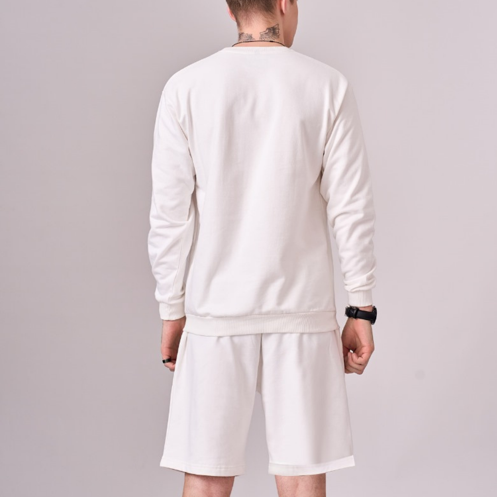 White fleece lined 100% cotton coord set with graphics comprising of full sleeved sweatshirt & half pants