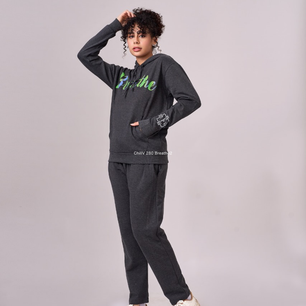 Anthra Melange (charcoal grey) fleece lined 100% cotton hoodie set comprising of sweatshirt & full length joggers with graphics