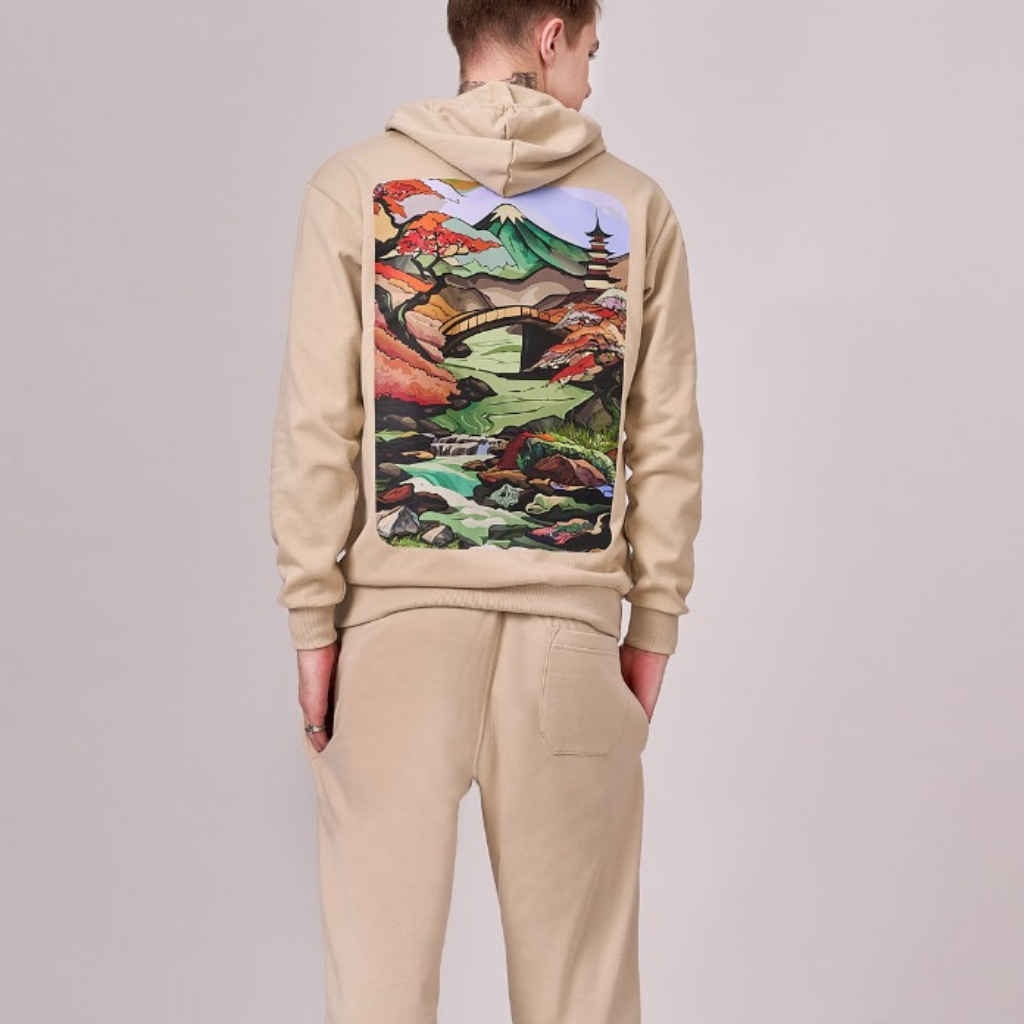 Sand Dune color fleece lined 100% cotton hoodie set comprising of sweatshirt & full length joggers with graphics