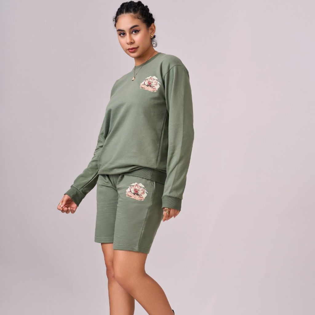 Dark Sage green fleece lined 100% cotton coord set with graphics comprising of sweatshirt & half pants