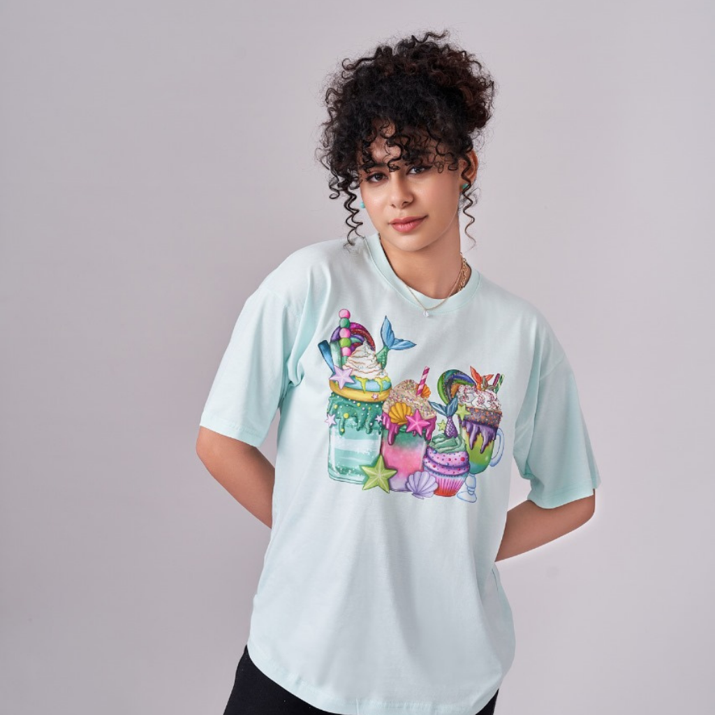 Aqua color 100% Cotton oversized unisex TShirt with graphics. Soft and light against the skin