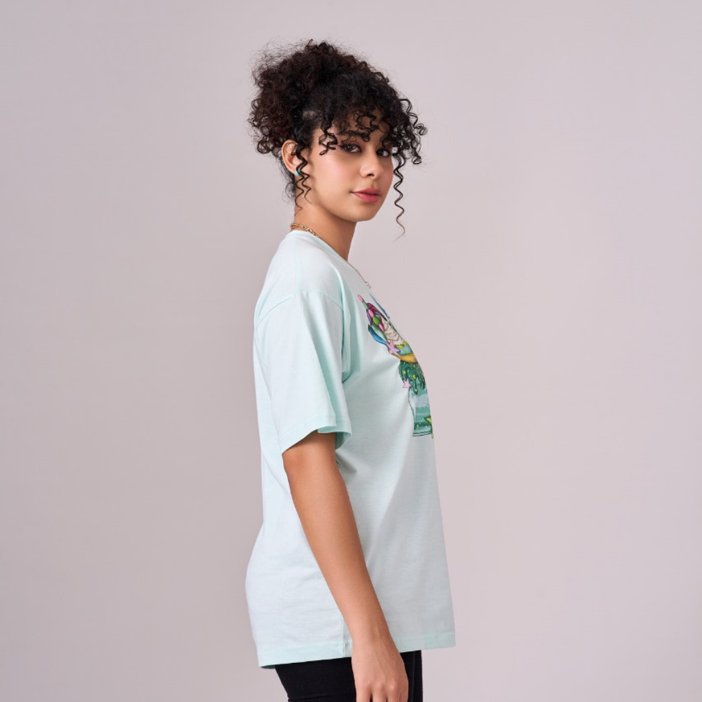 Aqua color 100% Cotton oversized unisex TShirt with graphics. Soft and light against the skin