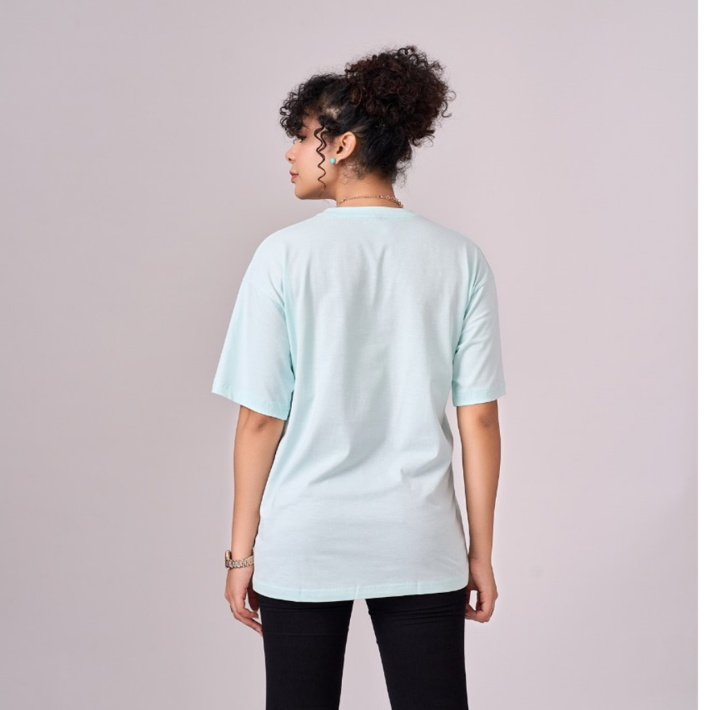 Aqua color 100% Cotton oversized unisex TShirt with graphics. Soft and light against the skin