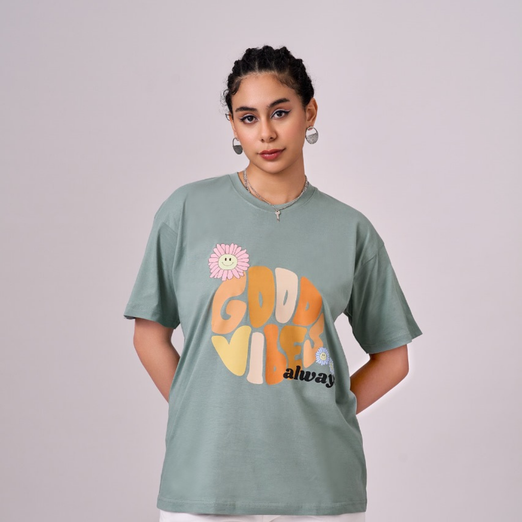 Sage Green color 100% Cotton oversized unisex TShirt with graphics. Soft and light against the skin