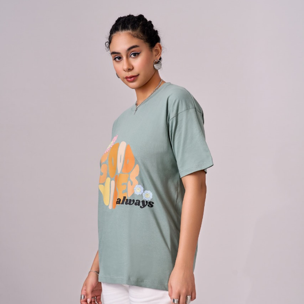 Sage Green color 100% Cotton oversized unisex TShirt with graphics. Soft and light against the skin