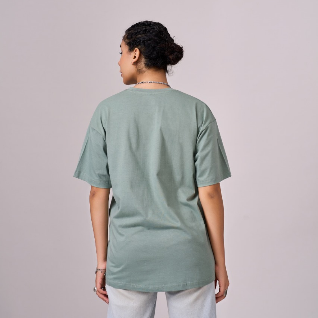 Sage Green color 100% Cotton oversized unisex TShirt with graphics. Soft and light against the skin