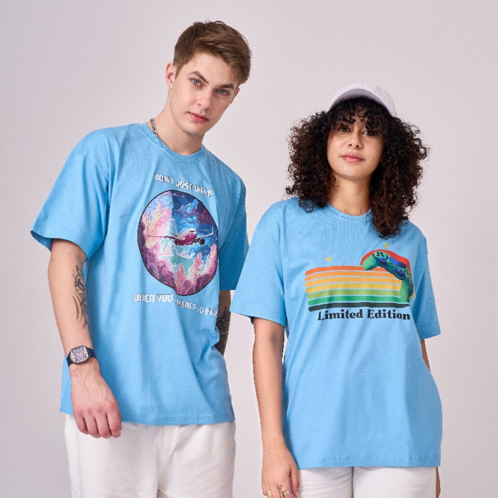 Snow Blue color 100% Cotton oversized unisex TShirt with graphics. Soft and light against the skin