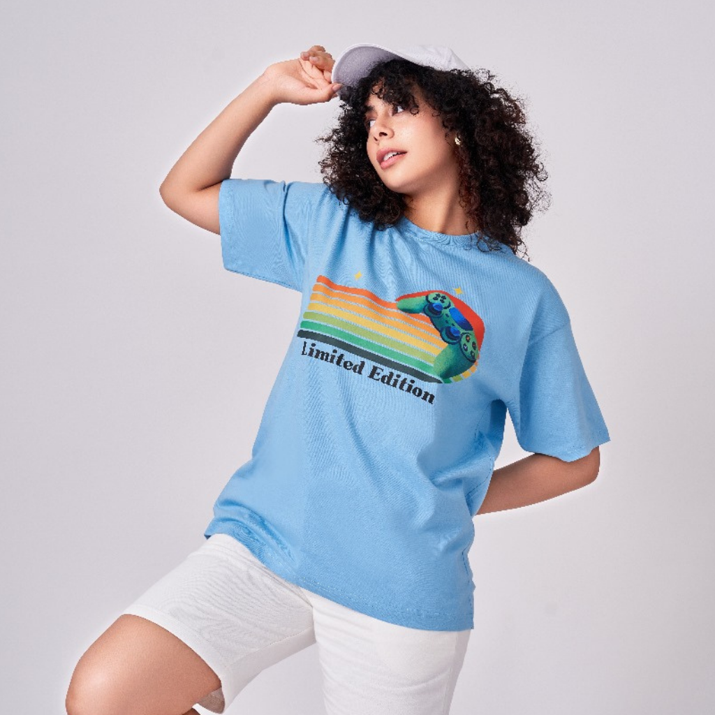 Snow Blue color 100% Cotton oversized unisex TShirt with graphics. Soft and light against the skin