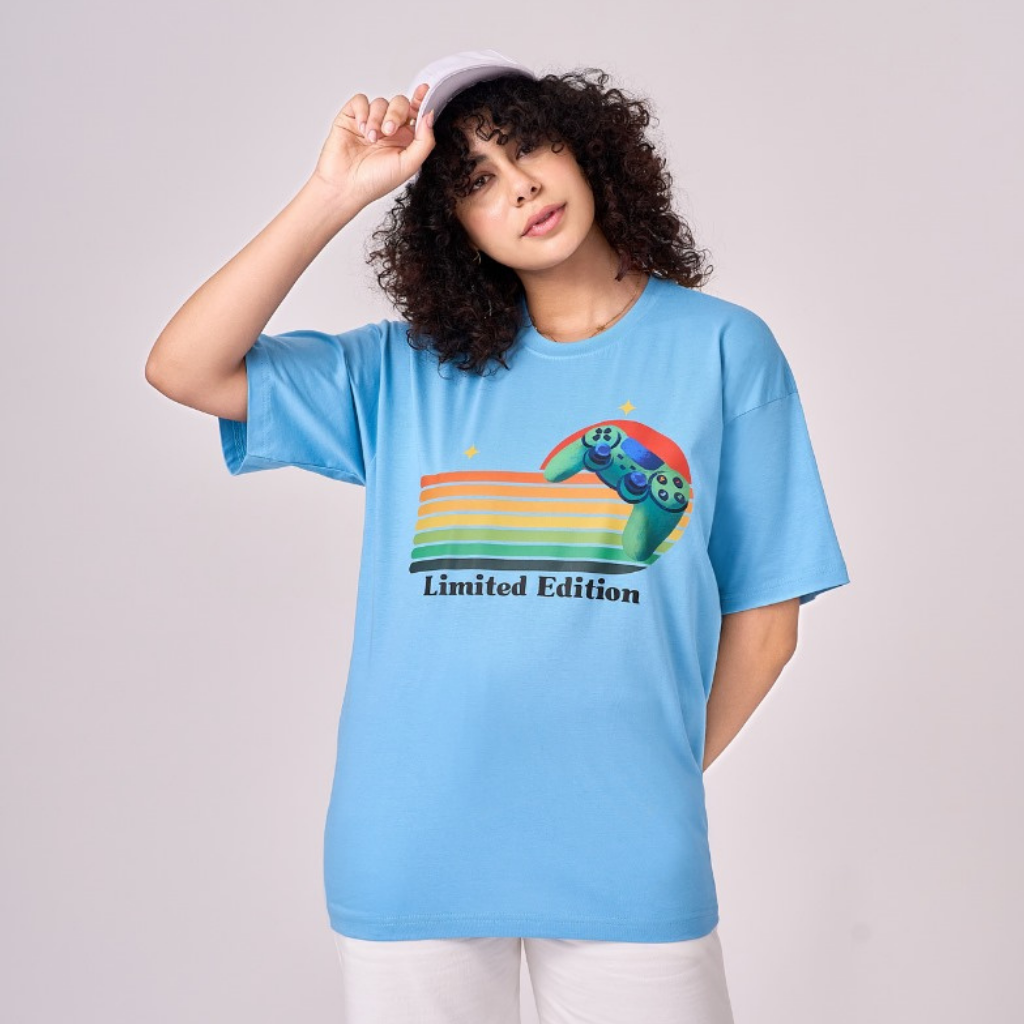 Snow Blue color 100% Cotton oversized unisex TShirt with graphics. Soft and light against the skin