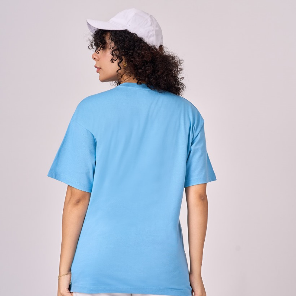 Snow Blue color 100% Cotton oversized unisex TShirt with graphics. Soft and light against the skin