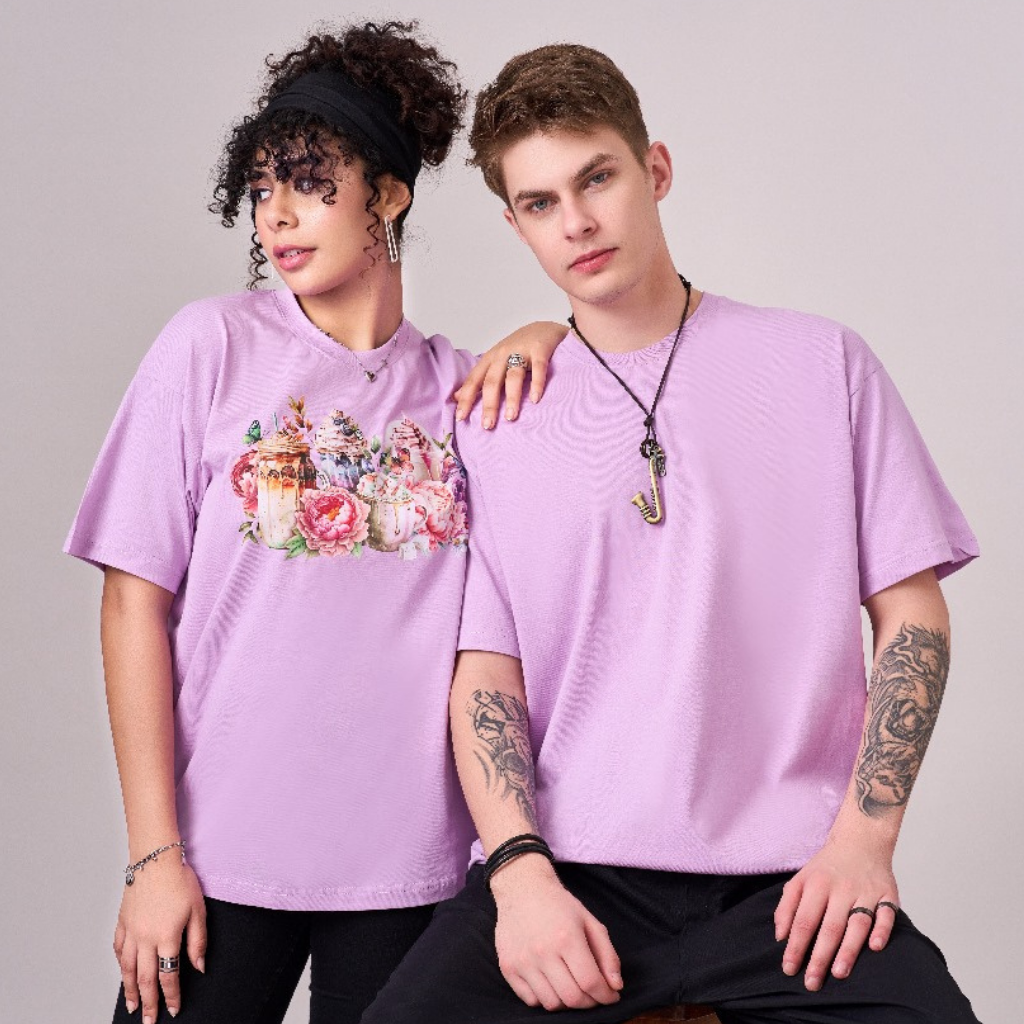 Lilac color 100% Cotton oversized unisex TShirt with graphics. Soft and light against the skin