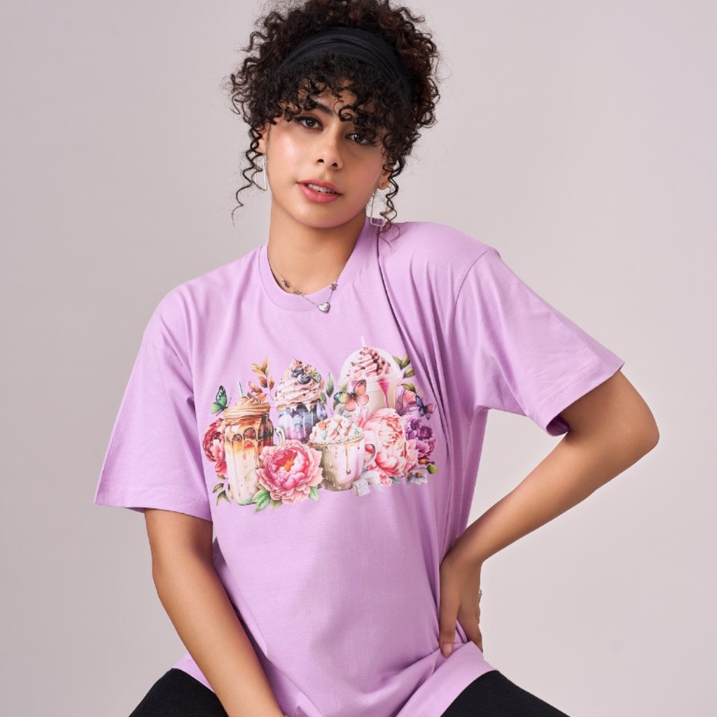 Lilac color 100% Cotton oversized unisex TShirt with graphics. Soft and light against the skin