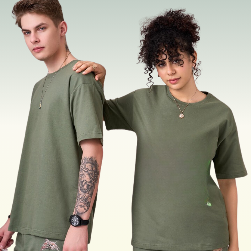 Dark Sage green color Drop Shoulder unisex TShirt with round neck and half sleeves