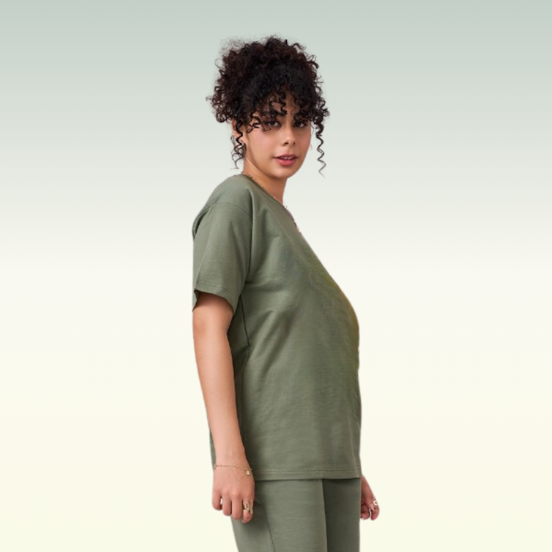 Dark Sage green color Drop Shoulder unisex TShirt with round neck and half sleeves