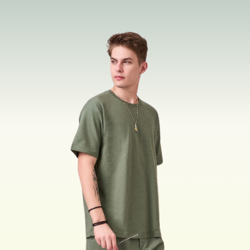 Dark Sage green color Drop Shoulder unisex TShirt with round neck and half sleeves