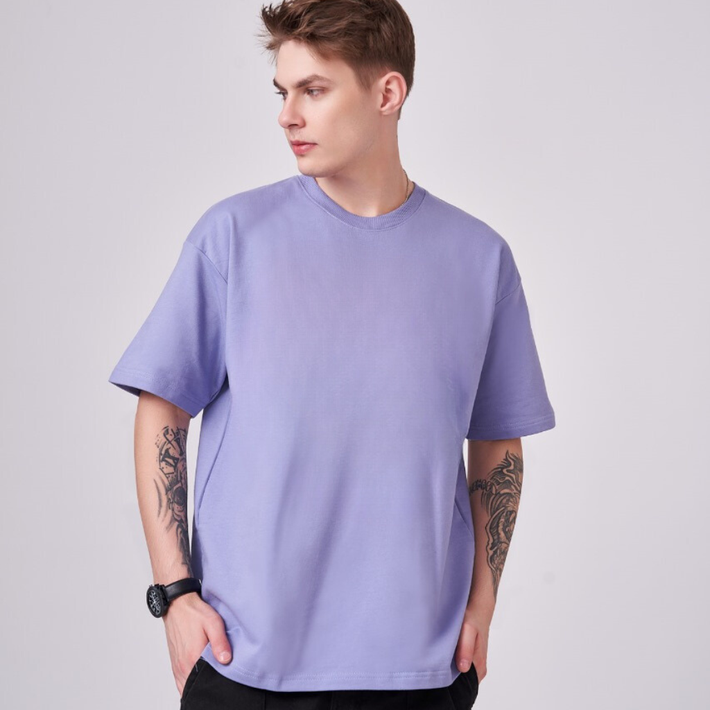 Lavender color 100% Cotton drop shoulder unisex TShirt basic. Premium heavy fabric drapes very well over your frame & is a great choice for evening wear. 