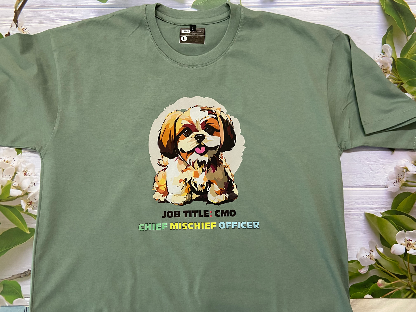 100% cotton TShirt in Light Sage Green color with Shih Tzu dog face graphic in front