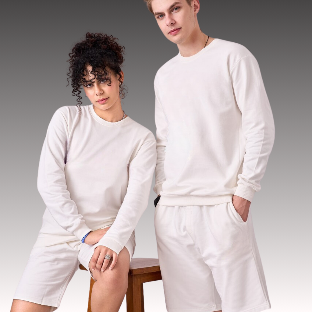 White fleece lined 100% cotton coord set comprising of sweatshirt & half pants