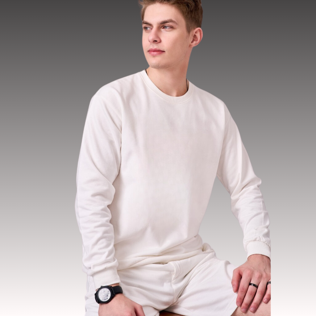 White fleece lined 100% cotton coord set comprising of sweatshirt & half pants