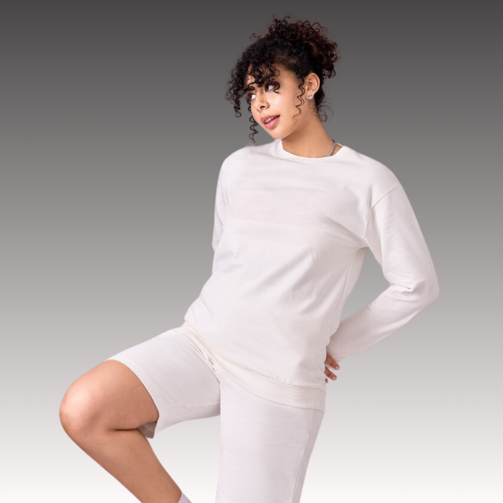 White fleece lined 100% cotton coord set comprising of sweatshirt & half pants