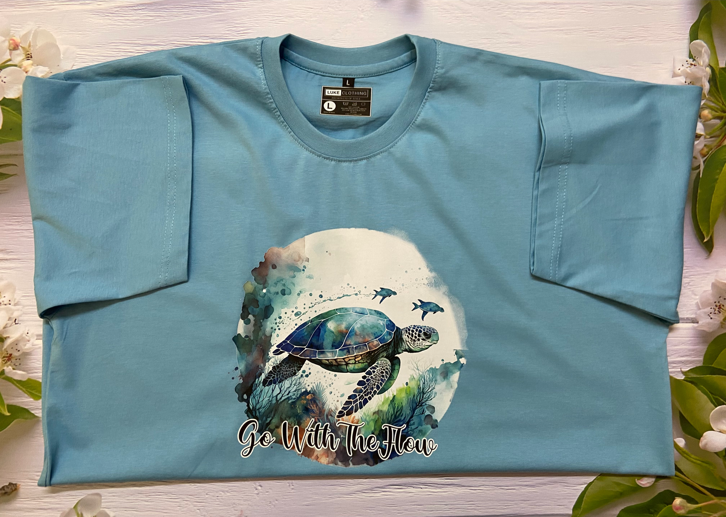 Lightweight 100% Cotton Tee for summer in Snow Blue color with graphics