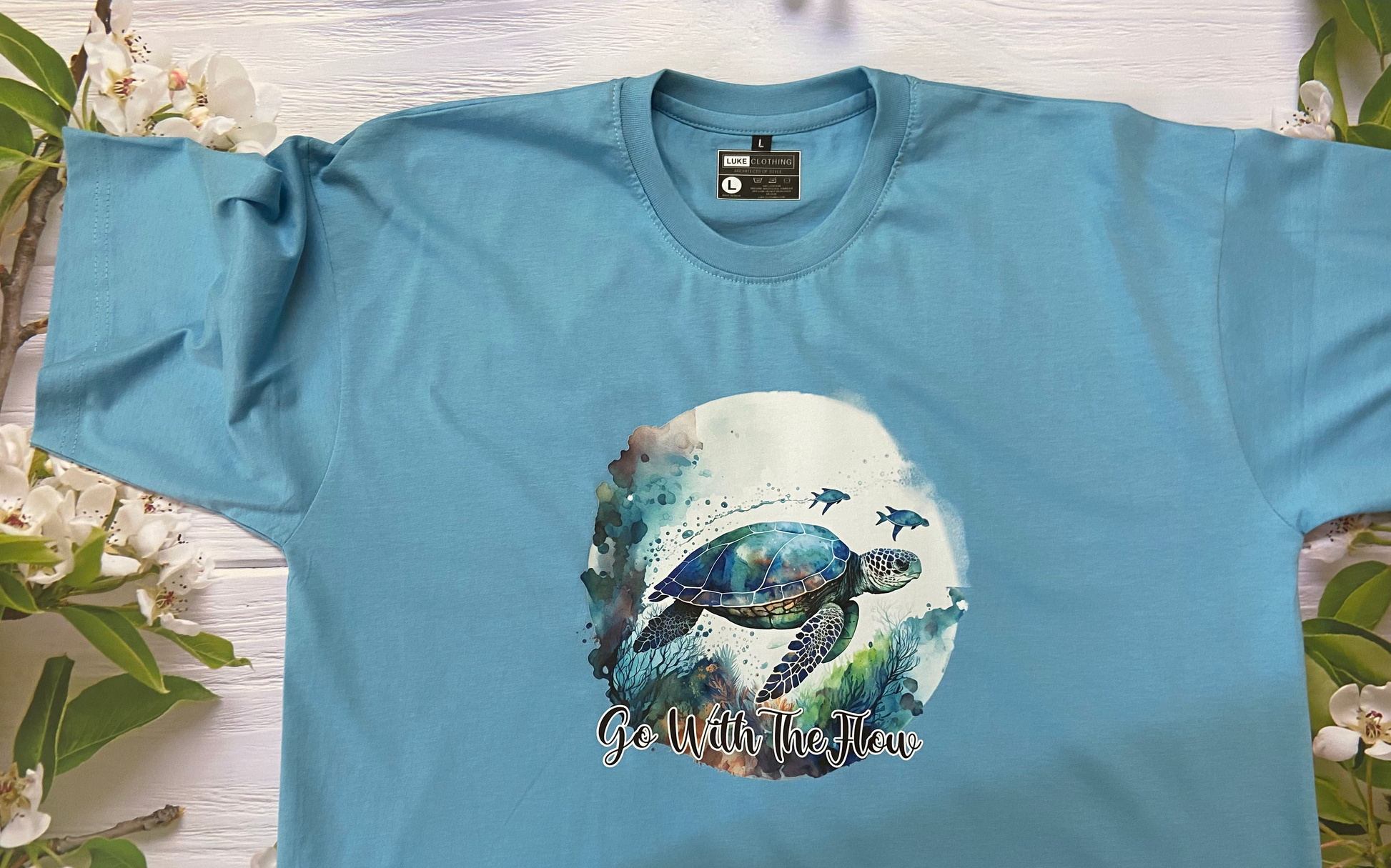 Lightweight 100% Cotton Tee for summer in Snow Blue color with graphics