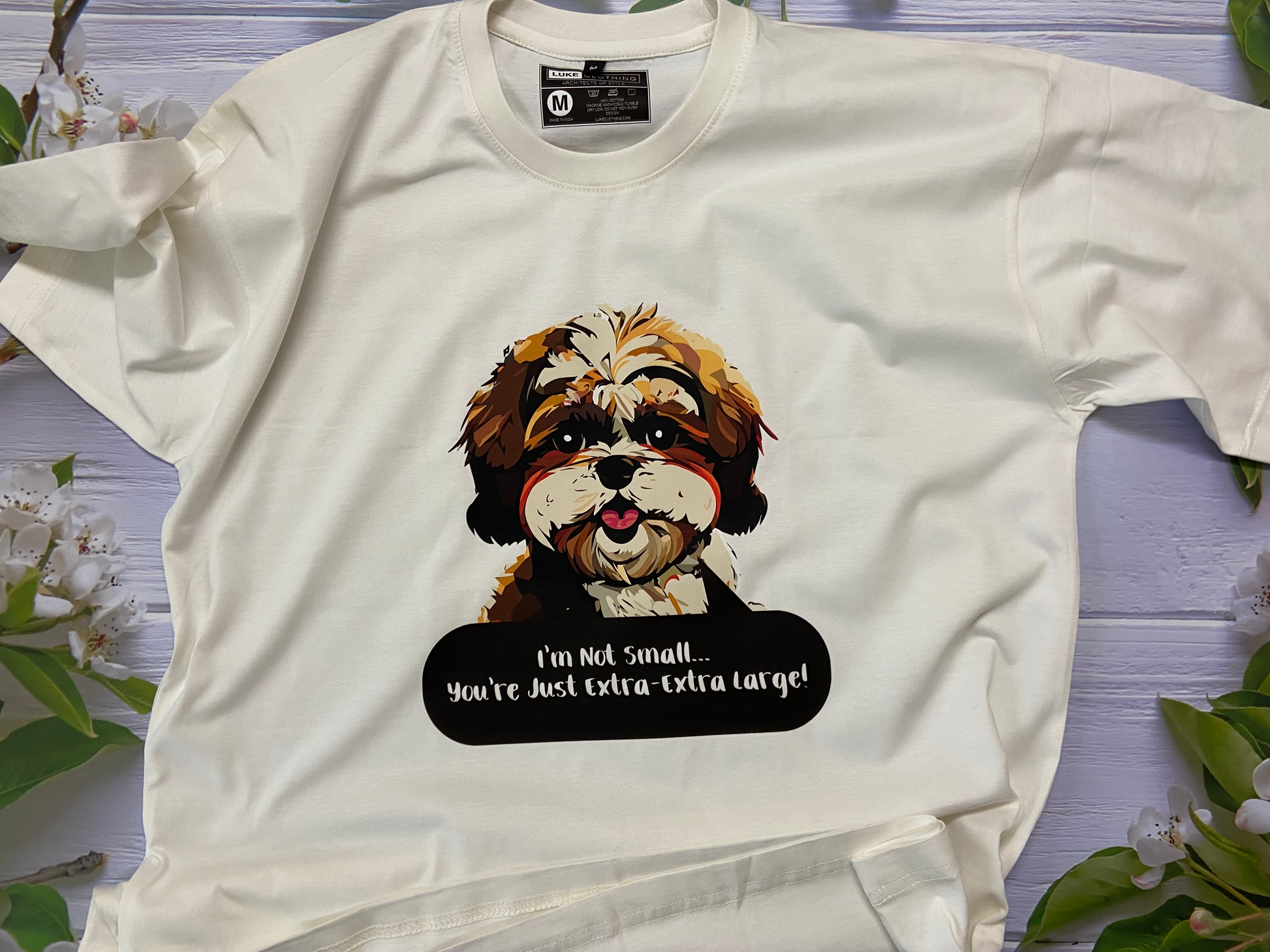 100% cotton TShirt in off white color with Shih Tzu dog face graphic in front