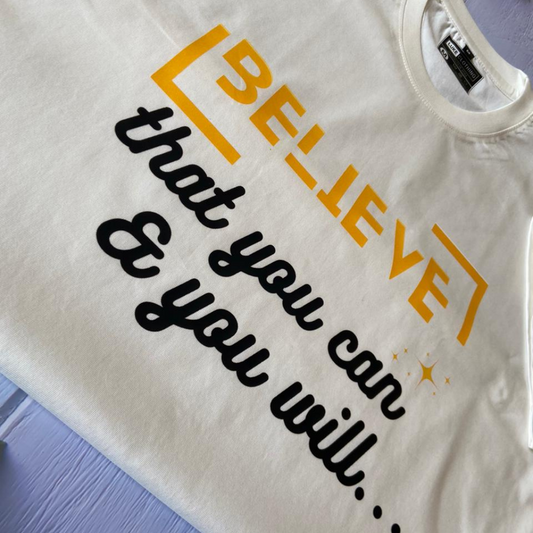 100% cotton TShirt in off white color with inspirational words in front