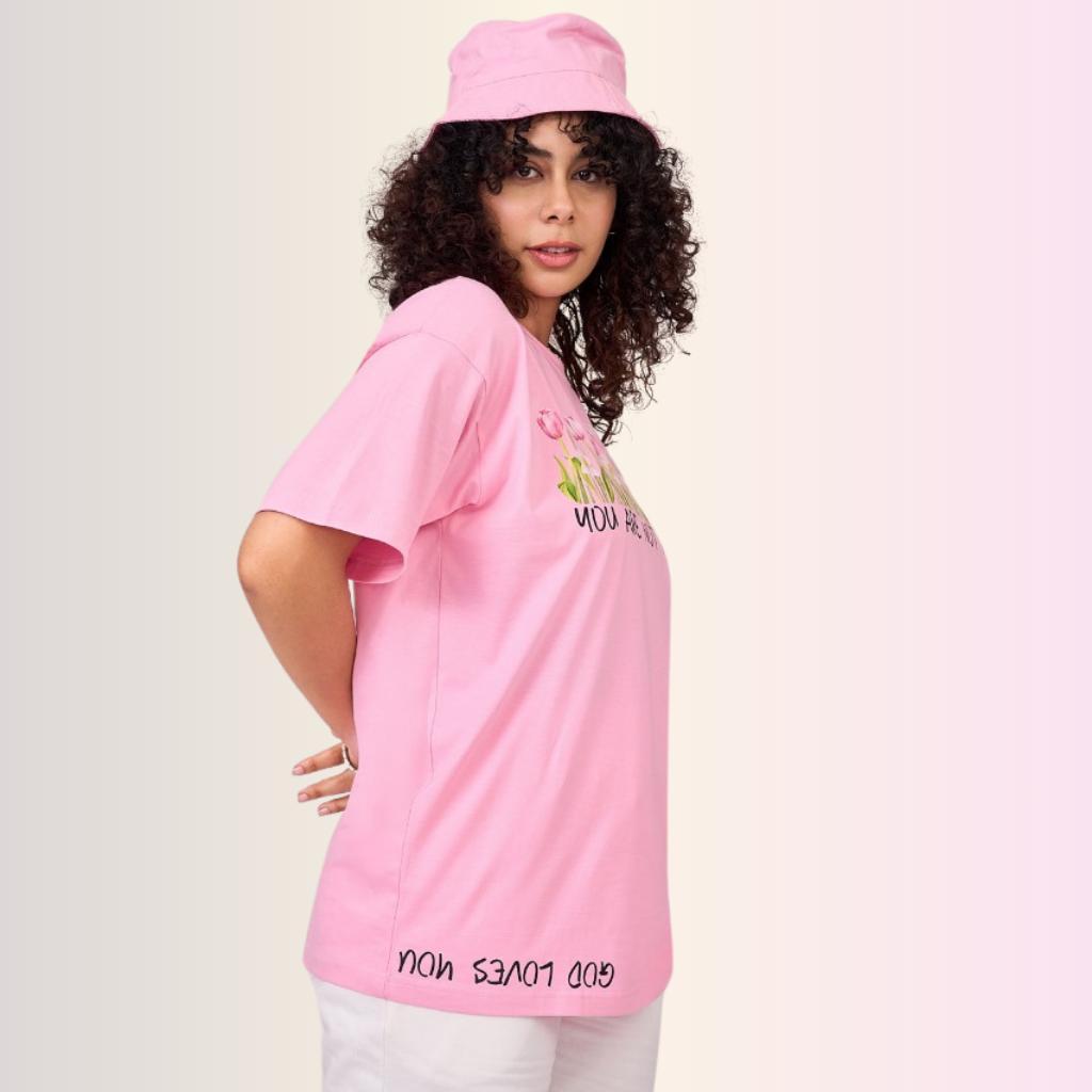 Pink color unisex 100% Cotton oversized graphic TShirt with motivational & inspirational graphics. 