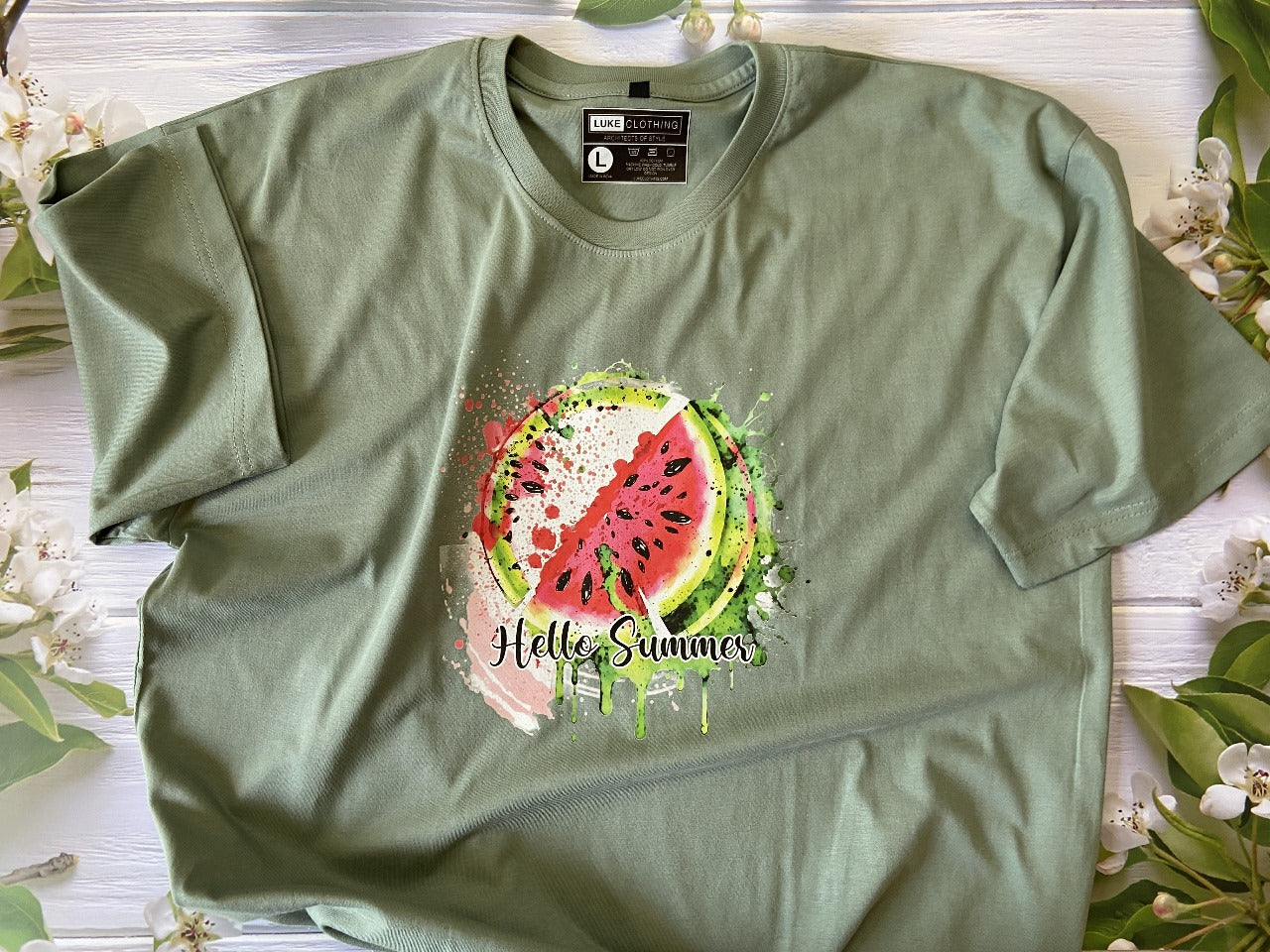 Lightweight 100% Cotton Tee for summer in Sage Green color with graphics