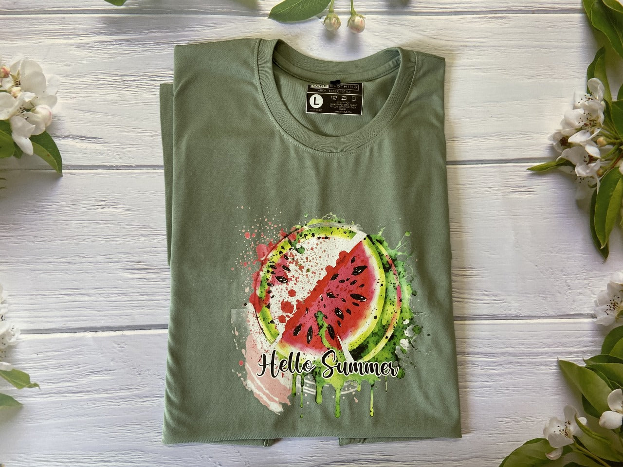 Lightweight 100% Cotton Tee for summer in Sage Green color with graphics