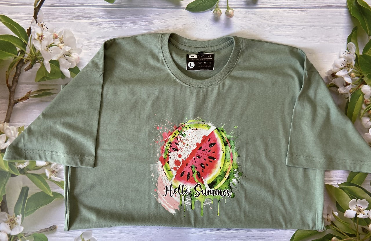 Lightweight 100% Cotton Tee for summer in Sage Green color with graphics